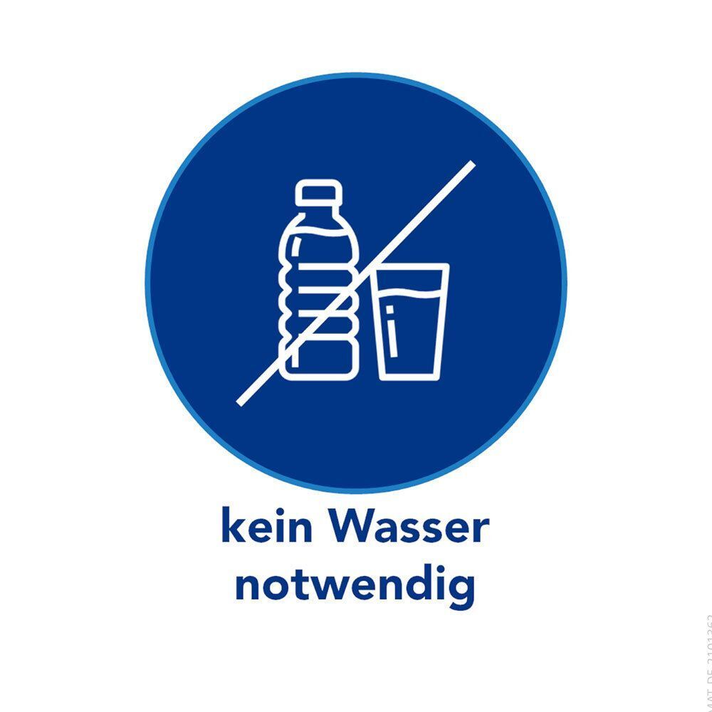 Kreissymbol mit durchgestrichener Wasserflasche und Glas. Text: kein Wasser notwendig.