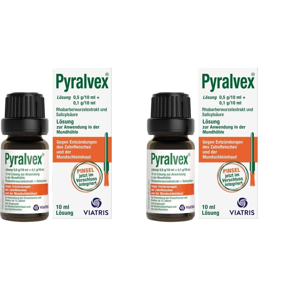 Zwei Flaschen Pyralvex Lösung, je 10 ml, mit integriertem Pinselverschluss.