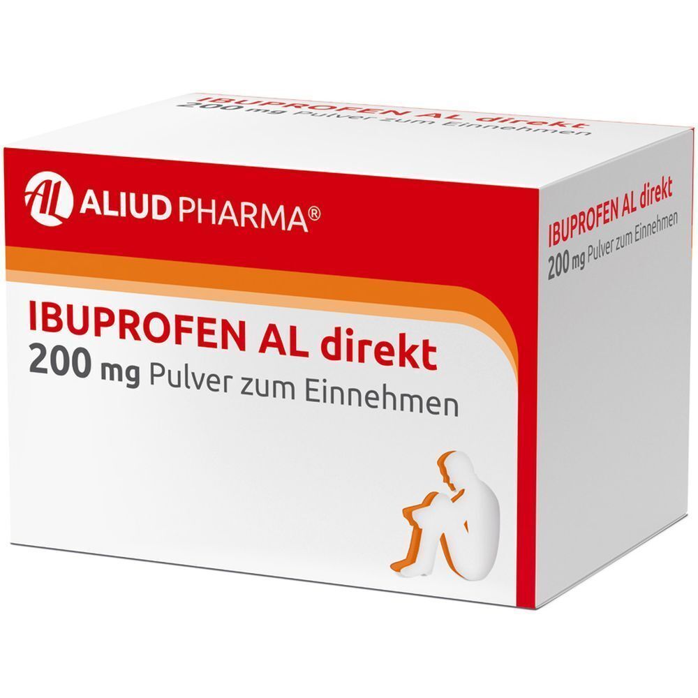 Packung Ibuprofen AL direkt 200 mg Pulver zum Einnehmen mit Zitronengeschmack.