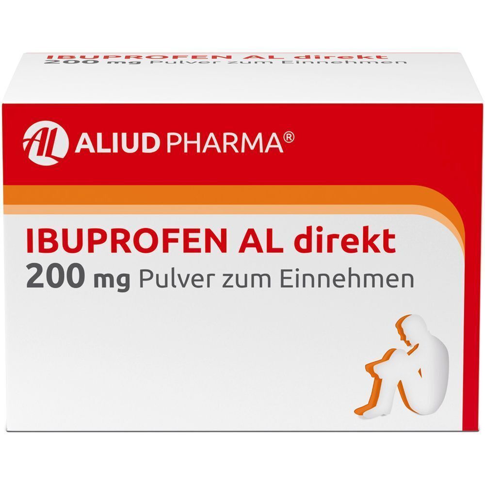 Packung Ibuprofen AL direkt 200 mg Pulver zum Einnehmen mit Zitronengeschmack.