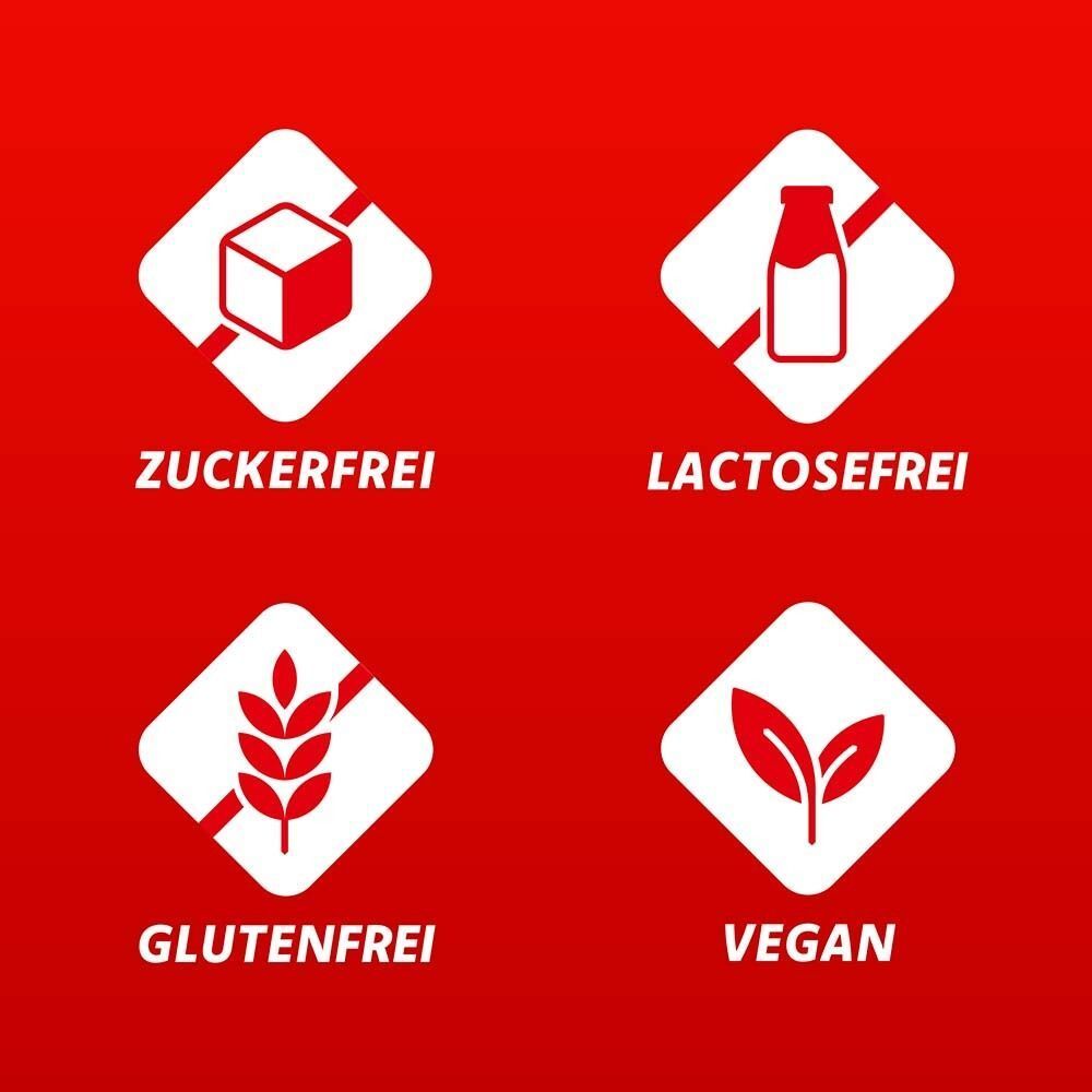 Symbole für zuckerfrei, laktosefrei, glutenfrei und vegan.