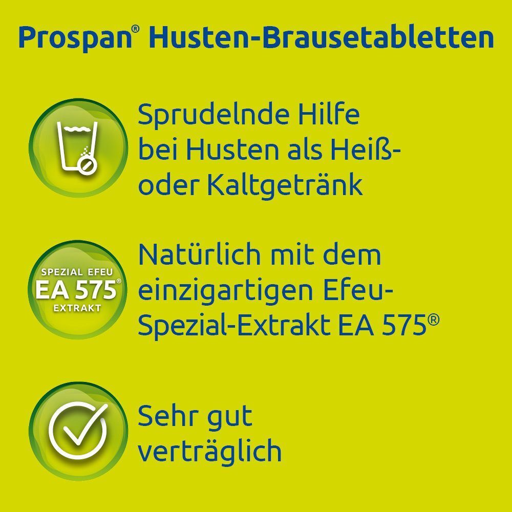 Drei Symbole erklären Prospan: Sprudelnde Hilfe, Efeu-Spezial-Extrakt EA 575, sehr gut verträglich.