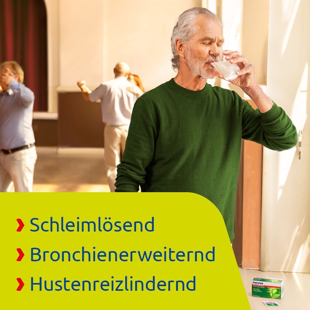 Mann trinkt ein Glas mit Prospan-Brausetablette. Text: Schleimlösend, Bronchienerweiternd, Hustenreizlindernd.