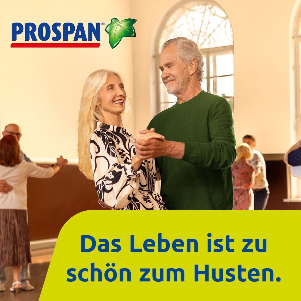 Tanzendes Paar im Hintergrund, Mann trinkt Prospan-Getränk. Slogan: Das Leben ist zu schön zum Husten.