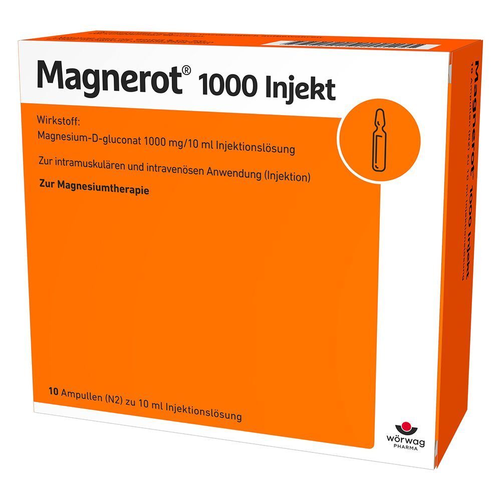 Eine Packung Magnerot® 1000 Injekt mit 10 Ampullen Injektionslösung zur Magnesiumtherapie.
