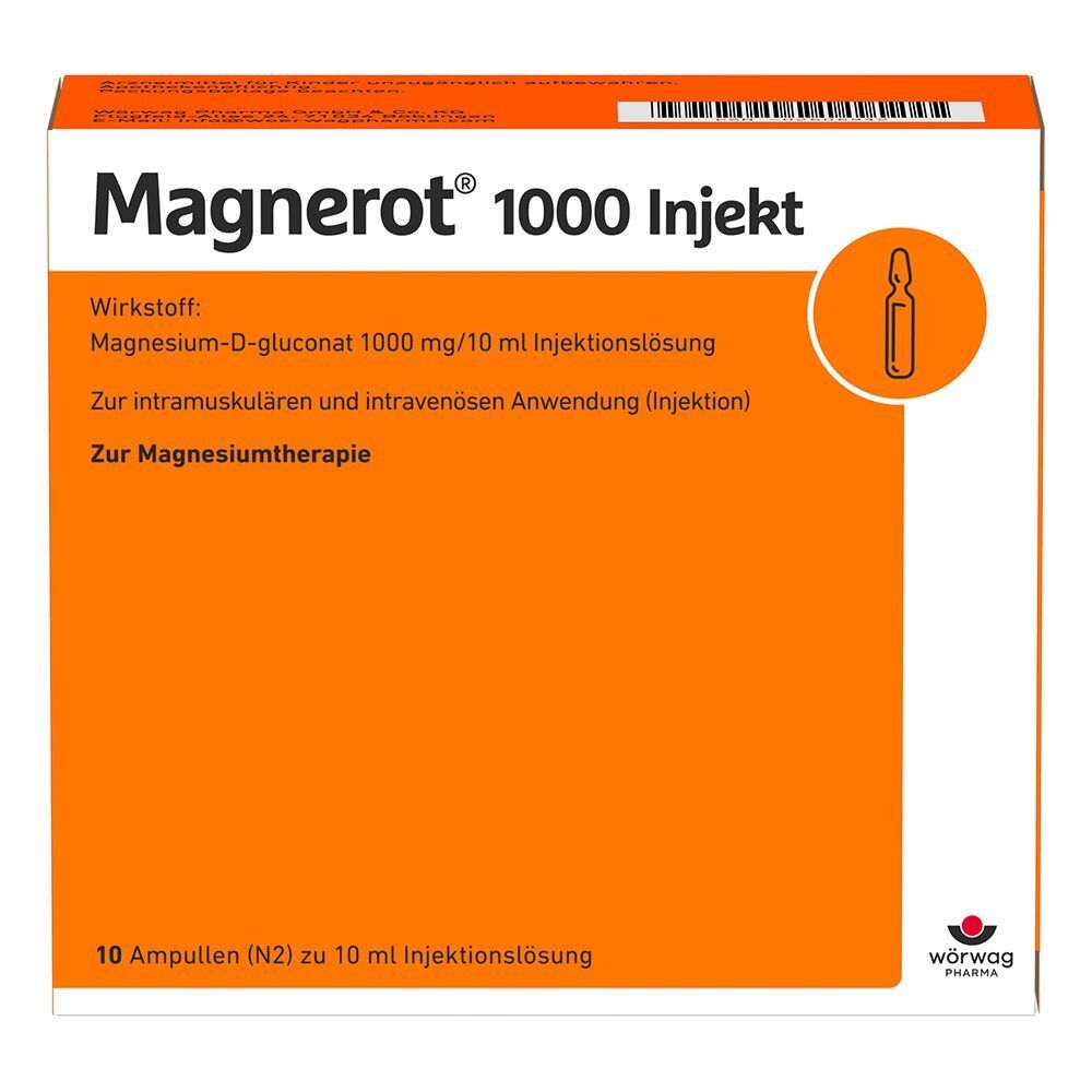 Eine Packung Magnerot® 1000 Injekt, Vorderseite mit Details zur Magnesium-D-gluconat-Injektionslösung.