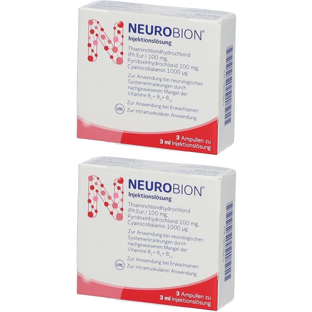 Zwei Packungen Neurobion Injektionslösung mit je 3 Ampullen.
