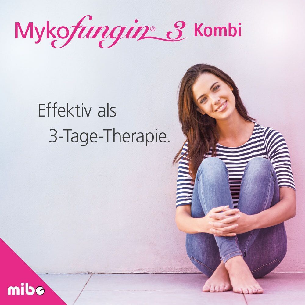 Frau sitzt lächelnd, Mykofungin® 3 Kombi als 3-Tage-Therapie.