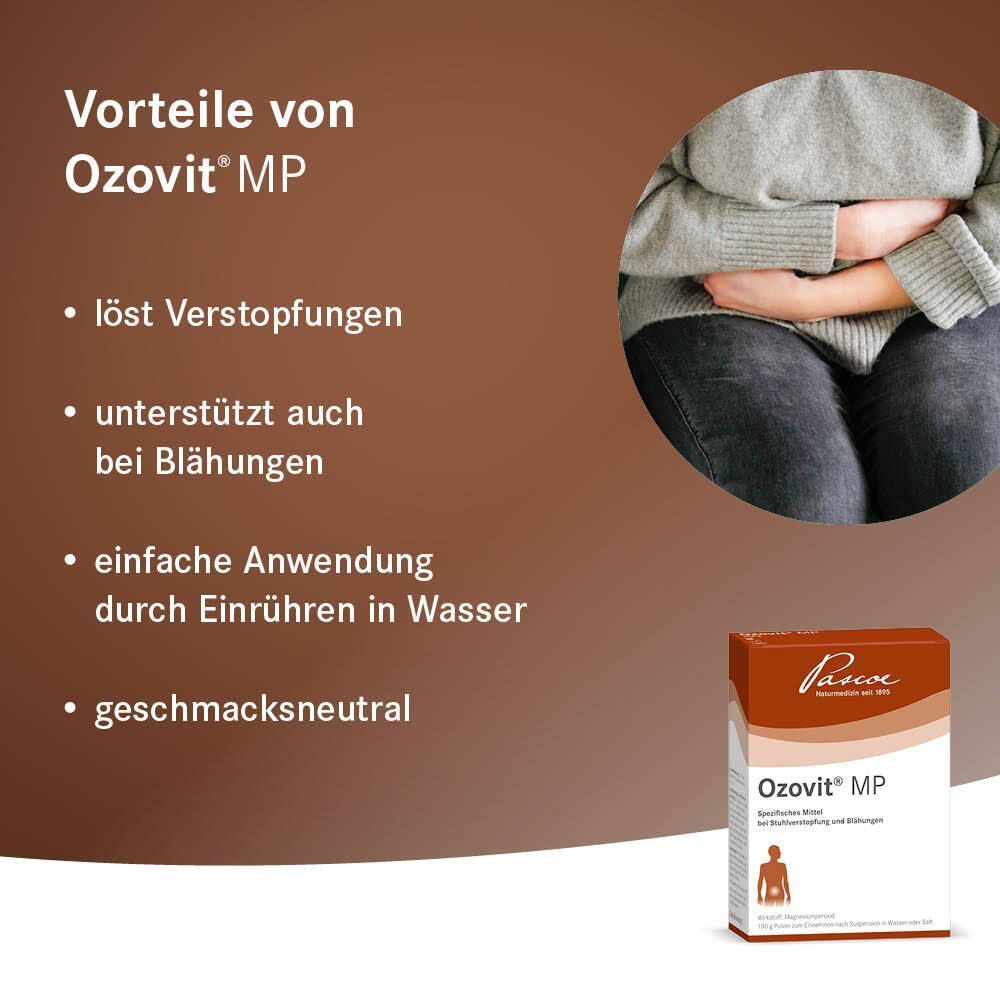 Vorteile von Ozovit® MP. Text: löst Verstopfungen, unterstützt bei Blähungen, einfache Anwendung, geschmacksneutral. Braune Schachtel. Logo Pascoe.