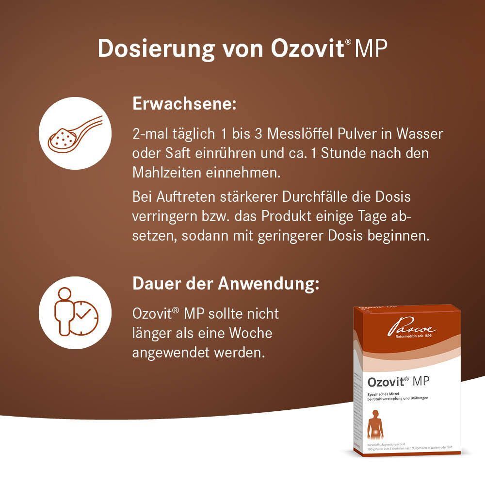 Dosierung von Ozovit® MP. Text: Erwachsene: 2-3 Messlöffel in Wasser. Dauer der Anwendung: nicht länger als eine Woche. Braune Schachtel. Logo Pascoe.