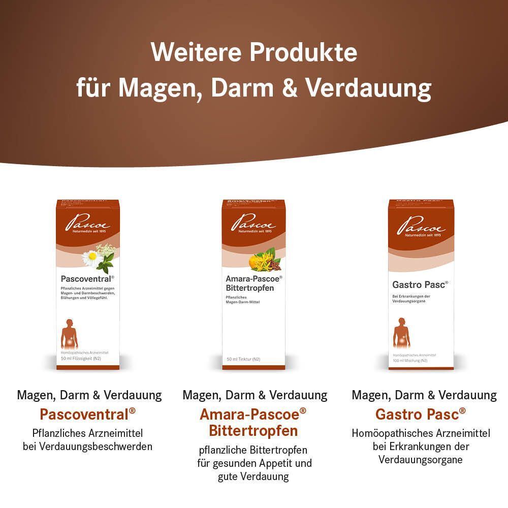 Weitere Produkte für Magen, Darm & Verdauung. Drei Produkte: Pascoventral®, Amara-Pascoe®, Gastro Pasc®. Braune Schachteln. Logo Pascoe.