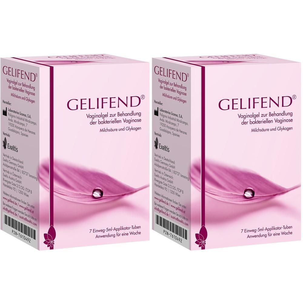 Zwei rosa Schachteln mit der Aufschrift GELIFEND. Text: Vaginalgel zur Behandlung der bakteriellen Vaginose. 7 Einweg-Applikator-Tuben.