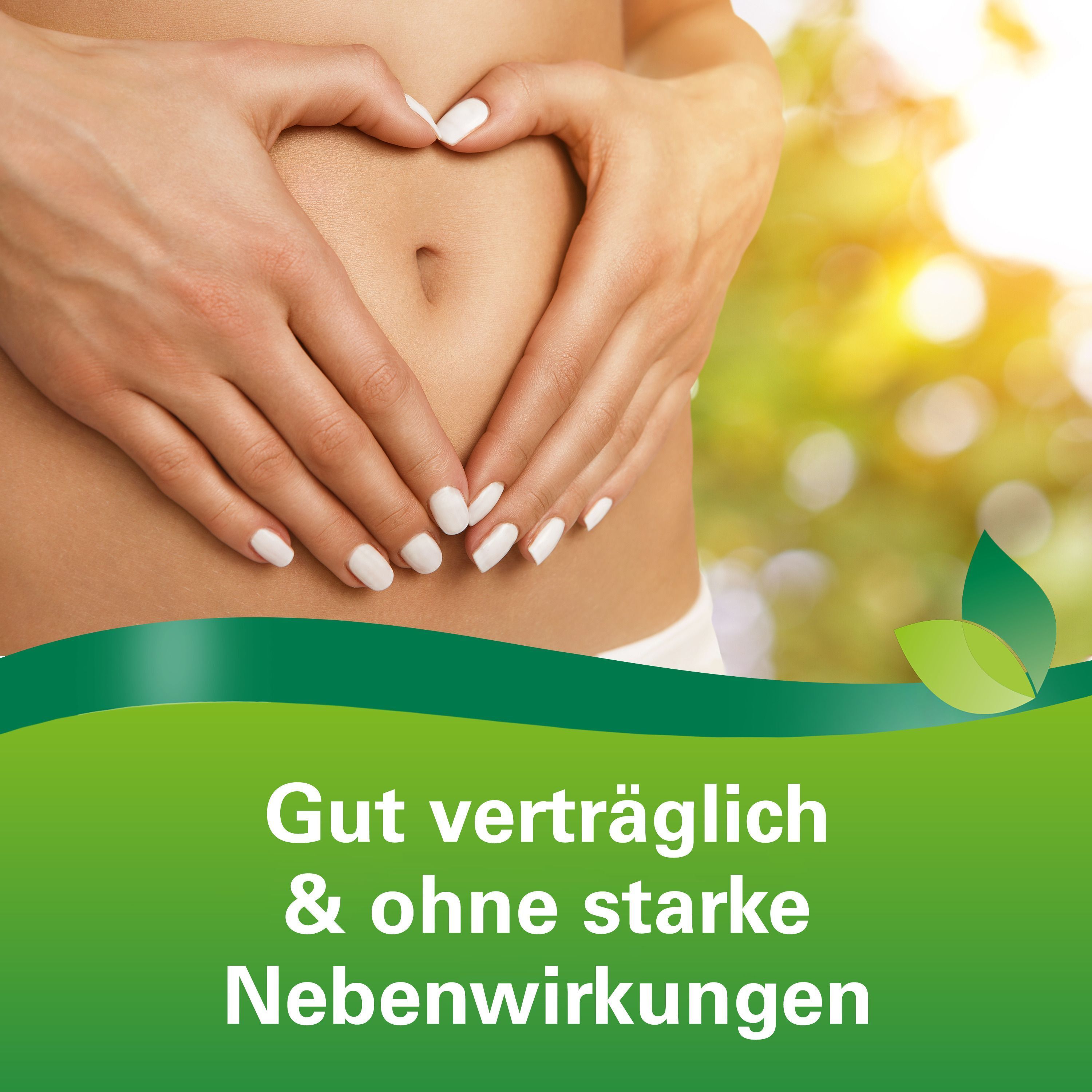 Hände formen ein Herz über dem Bauch einer Frau. Gut verträglich & ohne starke Nebenwirkungen.