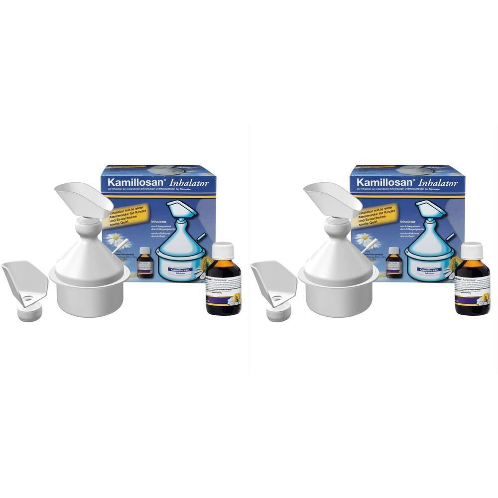 Zwei Packungen Kamillosan Konzentrat mit Inhalator-Set, bestehend aus Inhalator, Mundstück und zwei Fläschchen.
