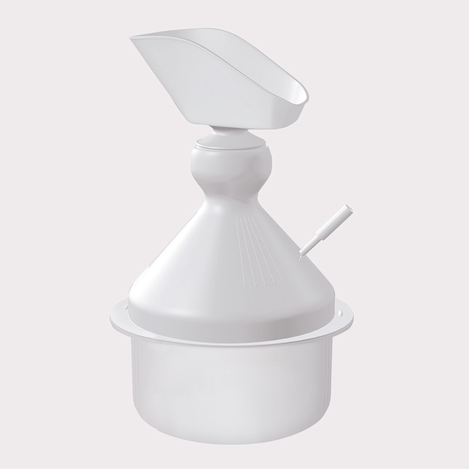 Ein weißer Kunststoff-Inhalator mit abnehmbarem Mundstück und einem Behälter für Flüssigkeit.