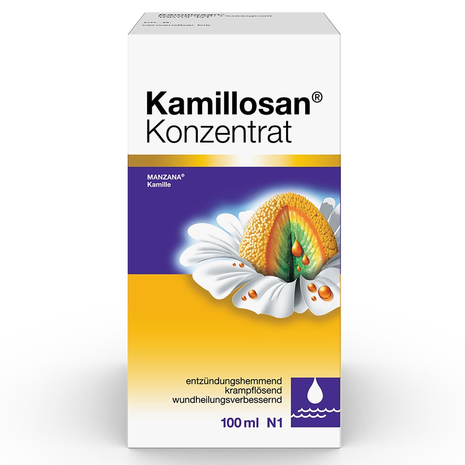 Verpackung Kamillosan Konzentrat mit Kamillenblüte und Hinweisen zu entzündungshemmenden Eigenschaften.