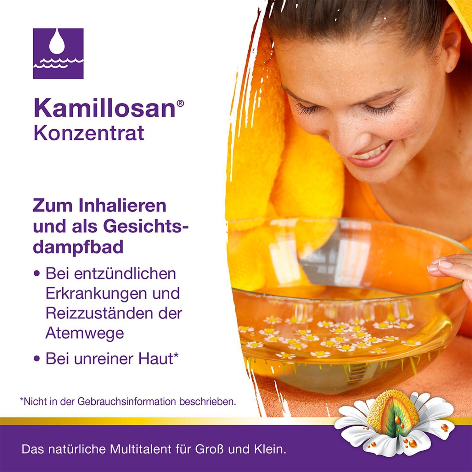 Frau inhaliert über einer Schüssel mit Kamillosan Konzentrat für Atemwege und unreine Haut.