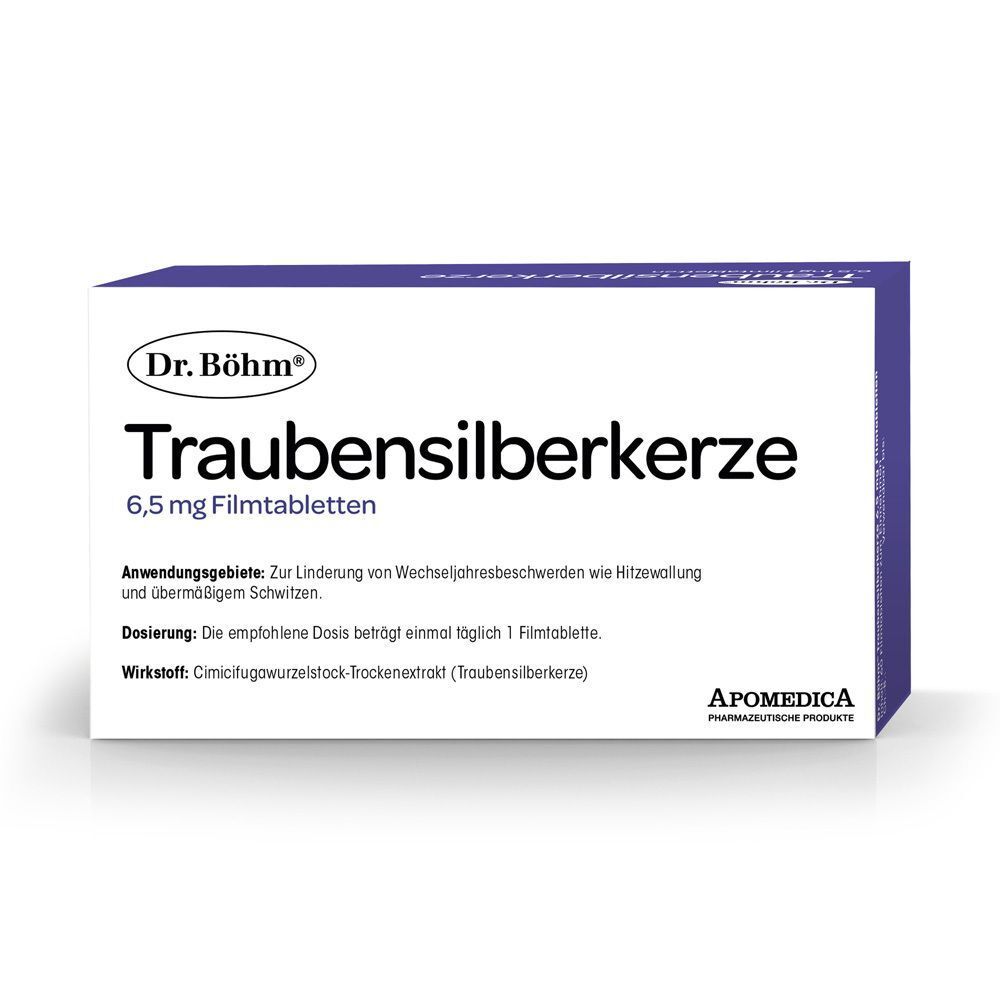 Packung Dr. Böhm Traubensilberkerze 6,5 mg Filmtabletten mit Anwendungsinformationen und Wirkstoff.