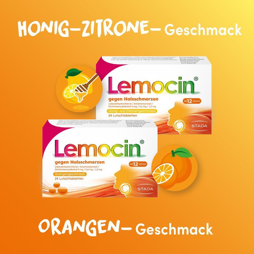 Lemocin Lutschtabletten: Orangengeschmack und Honig-Zitrone. Packungen mit 24 Stück.