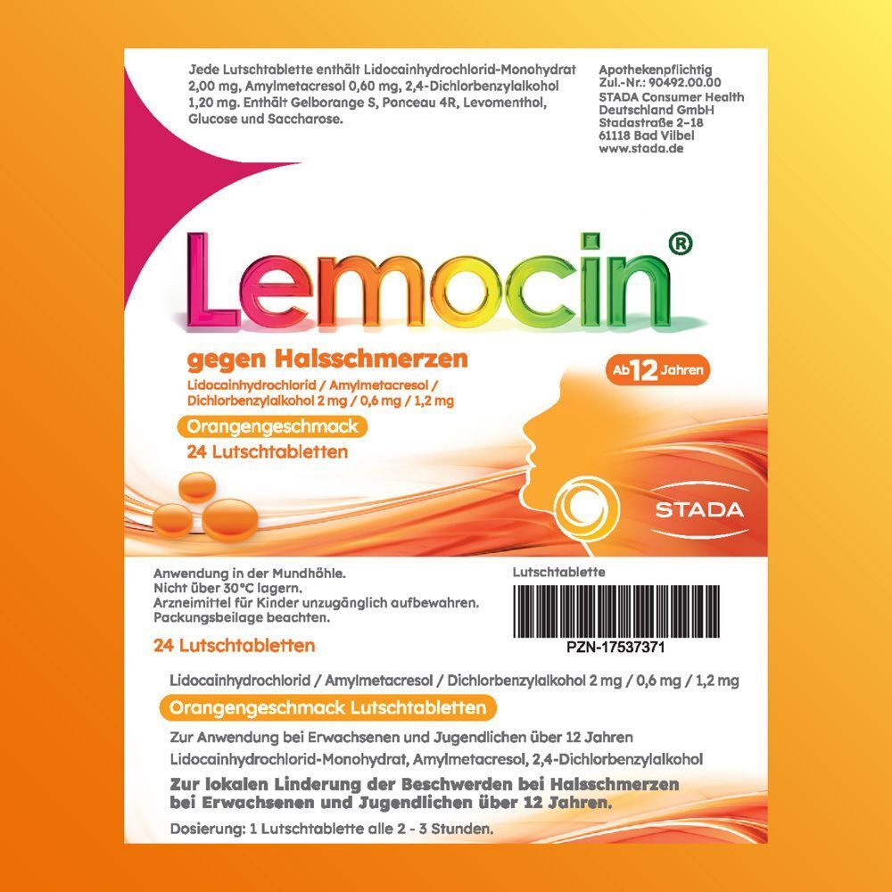 Packung Lemocin gegen Halsschmerzen, Orangengeschmack, 24 Lutschtabletten. Für Erwachsene.