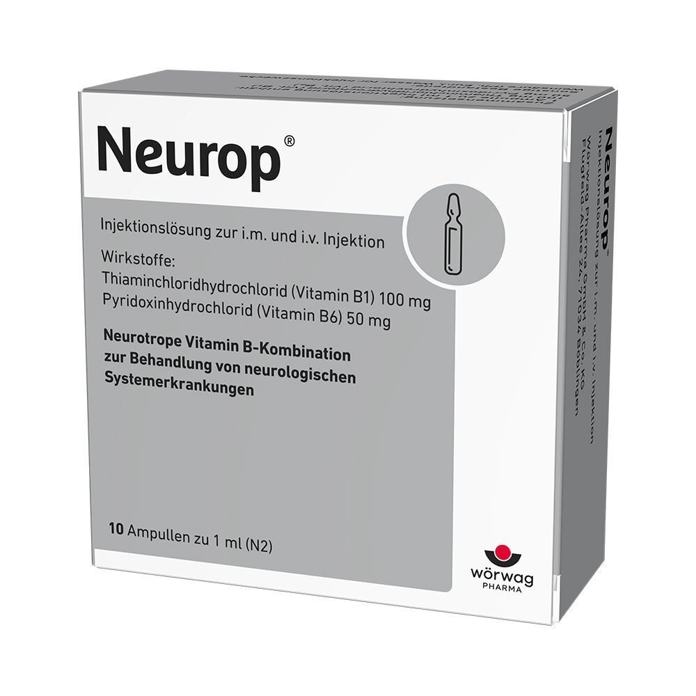 Packung Neurop® Injektionslösung mit 10 Ampullen zu 1 ml. Enthält Vitamin B1 und B6 zur Behandlung neurologischer Systemerkrankungen.