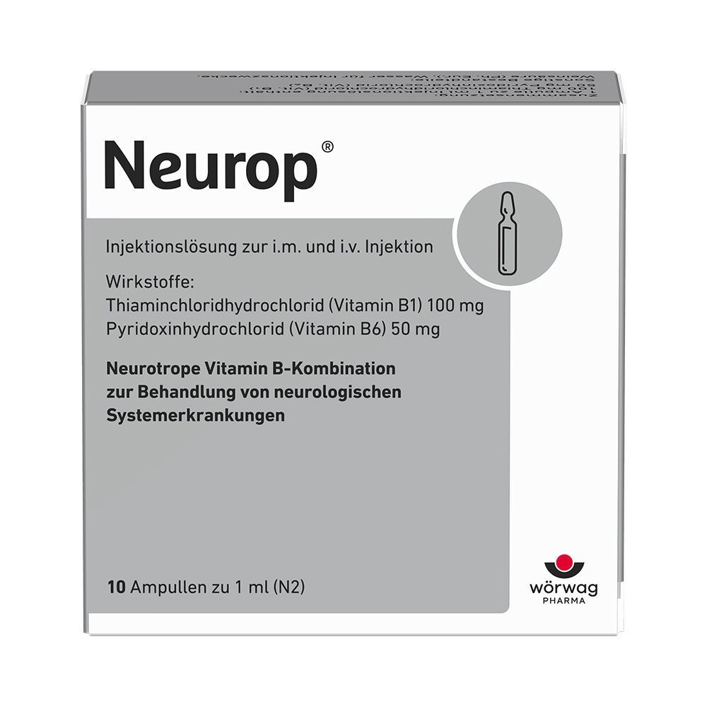 Packung Neurop® Injektionslösung mit 10 Ampullen zu 1 ml. Enthält Vitamin B1 und B6 zur Behandlung neurologischer Systemerkrankungen.