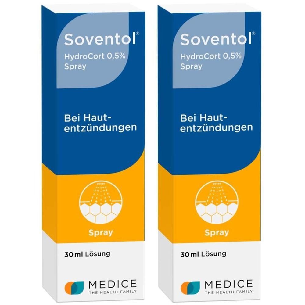 Zwei Packungen Soventol HydroCort 0,5% Spray mit je 30ml Lösung. Für Hautentzündungen.