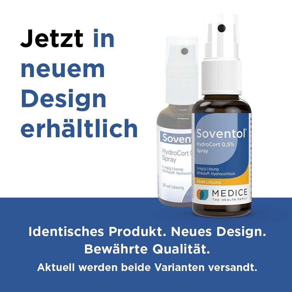 Soventol HydroCort 0,5% Spray in neuer und alter Verpackung. Identisches Produkt, neue Gestaltung.