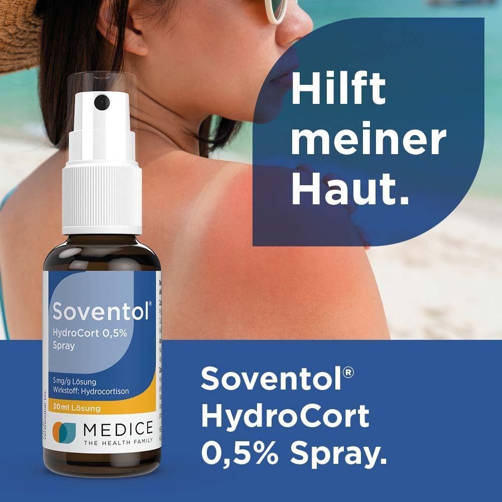 Soventol HydroCort 0,5% Spray auf dem Rücken einer Person mit Sonnenbrand am Strand.