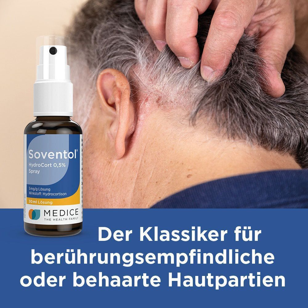 Soventol HydroCort 0,5% Spray für berührungsempfindliche oder behaarte Hautpartien.