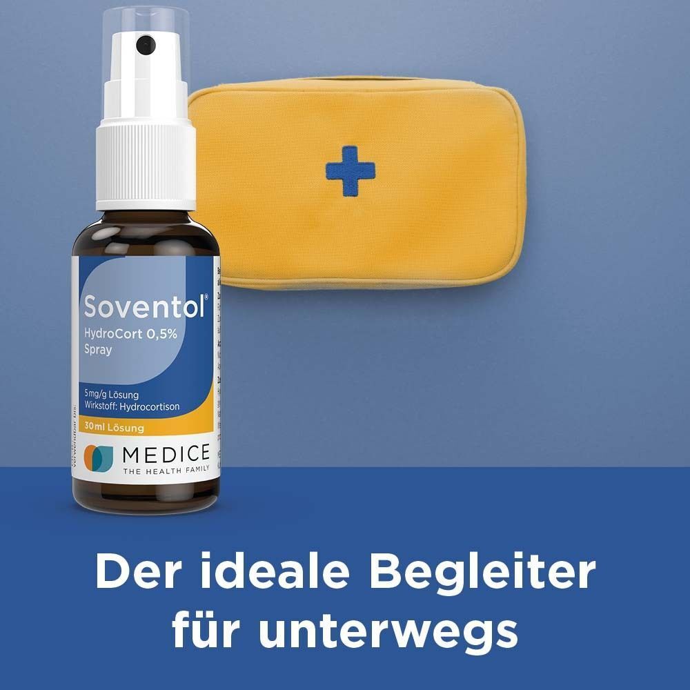 Soventol HydroCort 0,5% Spray als idealer Begleiter für unterwegs, mit kleinem Erste-Hilfe-Etui.