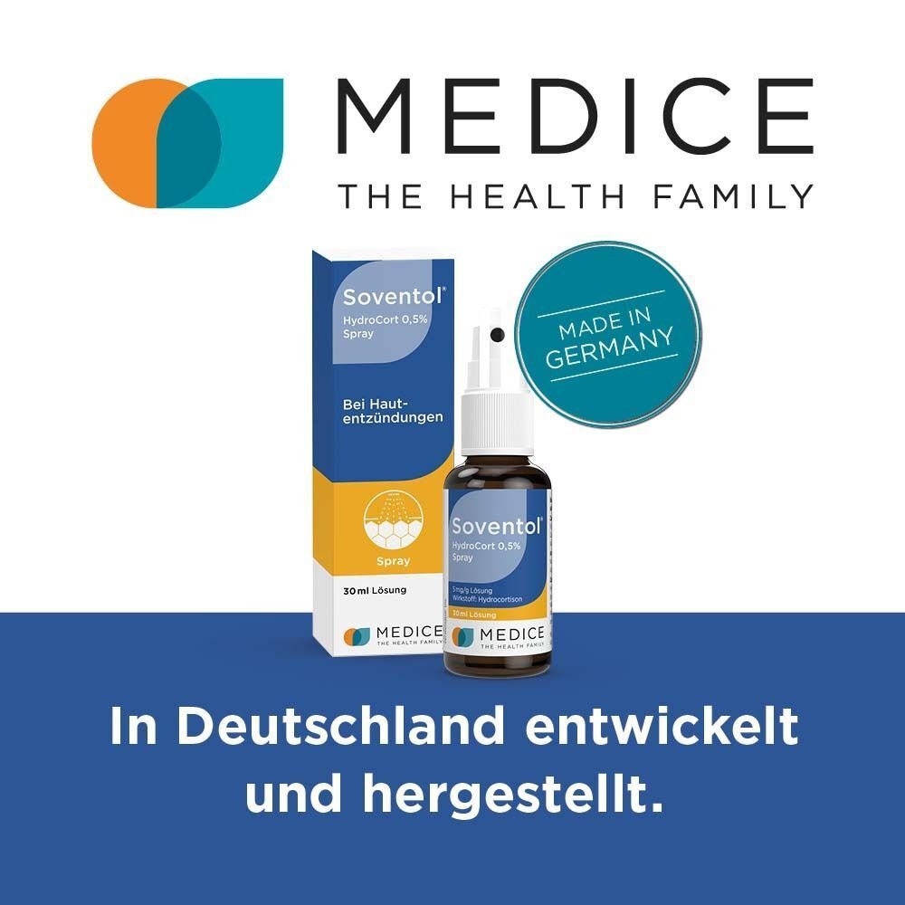 Soventol HydroCort 0,5% Spray und Verpackung. Made in Germany. Entwickelt und hergestellt in Deutschland.