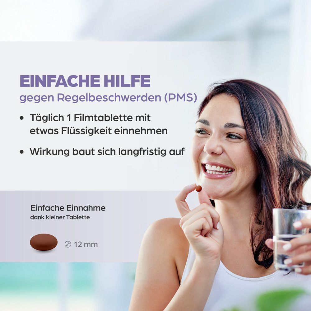 Frau nimmt eine Tablette ein, daneben eine kleine Tablette (12mm). Text: Einfache Hilfe gegen Regelbeschwerden (PMS).