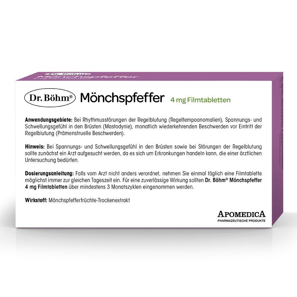 Rückseite einer Packung Dr. Böhm Mönchspfeffer 4 mg Filmtabletten mit Anwendungsinformationen und Apomedica Logo.