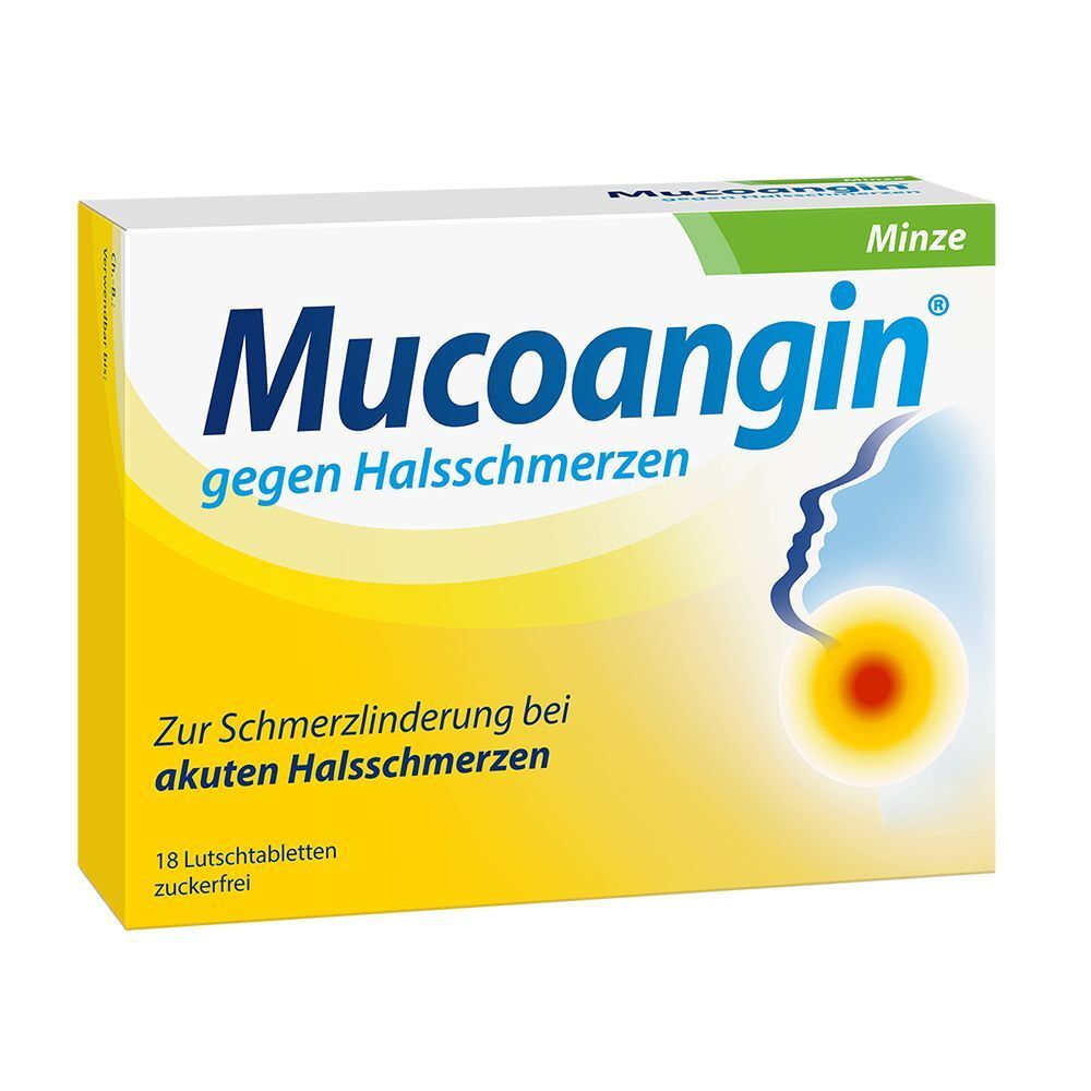 Packung Mucoangin Minze Lutschtabletten gegen Halsschmerzen, zuckerfrei, 18 Stück.