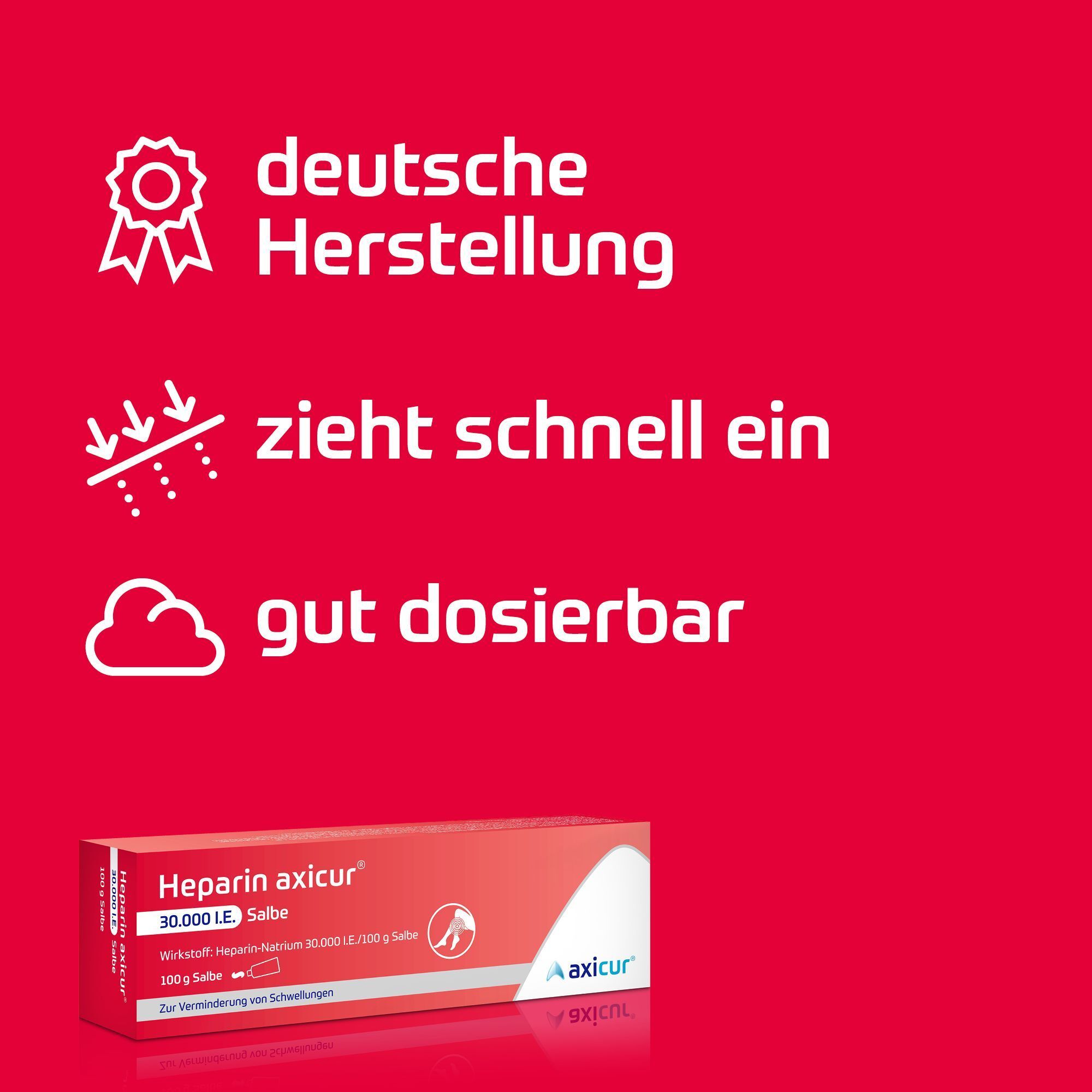 Packung Heparin axicur® Salbe mit Symbolen für schnelle Einziehung und gute Dosierbarkeit.