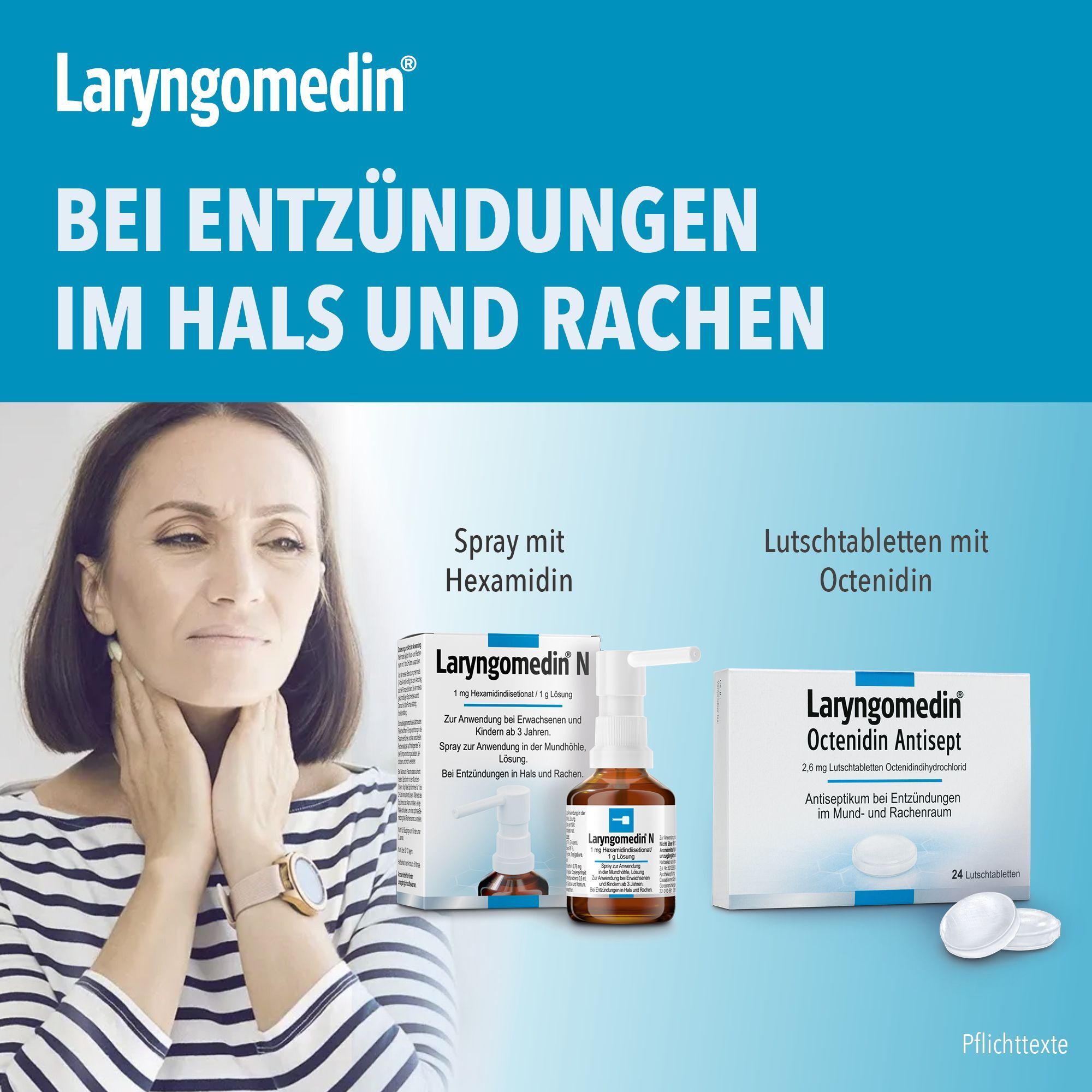 Laryngomedin bei Entzündungen im Hals und Rachen: Spray und Lutschtabletten.