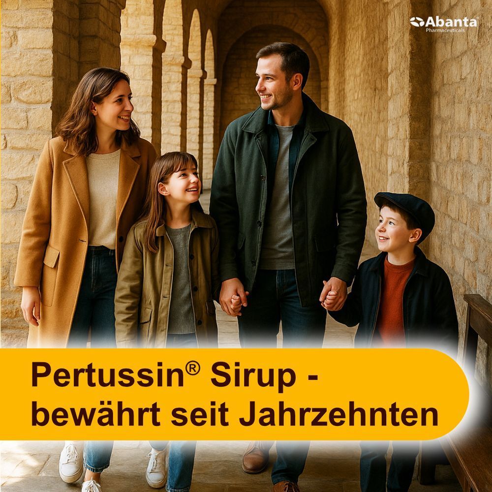 Familie geht Hand in Hand durch einen Bogengang, neben Text über Pertussin Sirup.