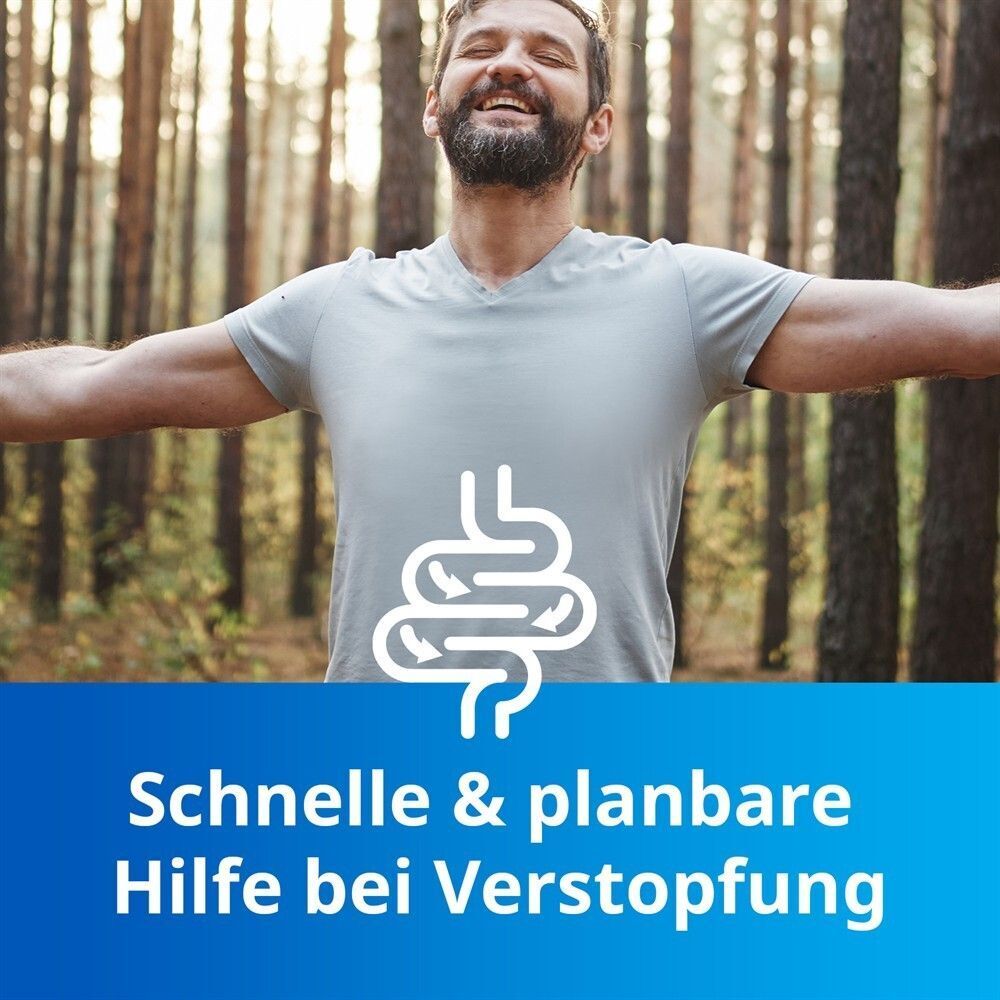 Mann mit ausgestreckten Armen im Wald, Darm-Symbol und Text 'Schnelle & planbare Hilfe bei Verstopfung'.