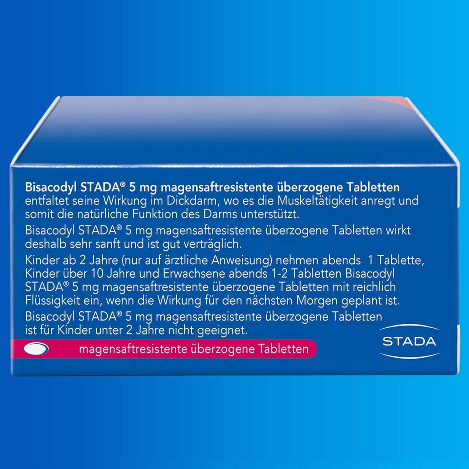 Rückseite einer Schachtel Bisacodyl STADA® 5 mg mit Anwendungsinformationen.