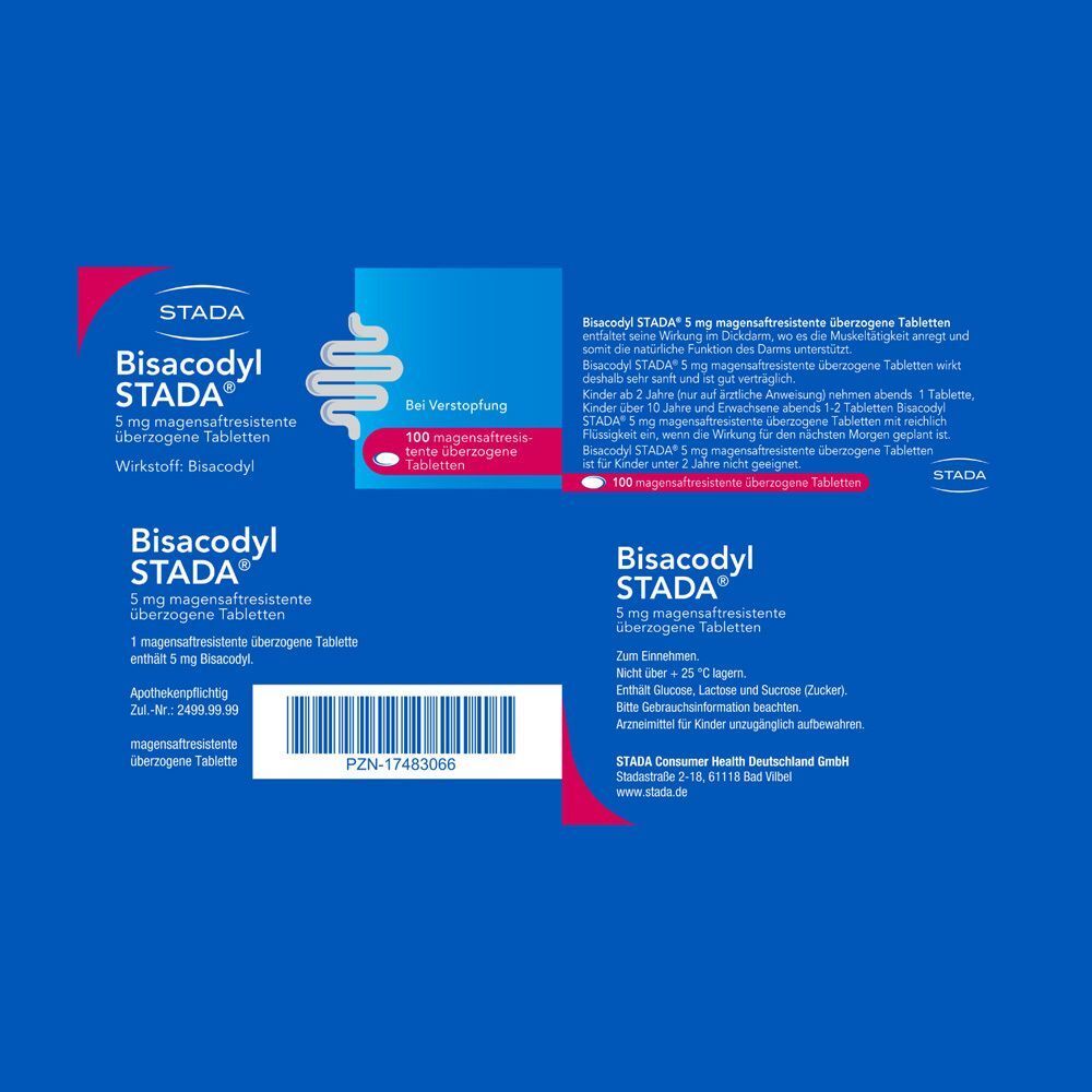 Vorderseite und Seitenansicht einer Schachtel Bisacodyl STADA® 5 mg, mit PZN und Barcode.