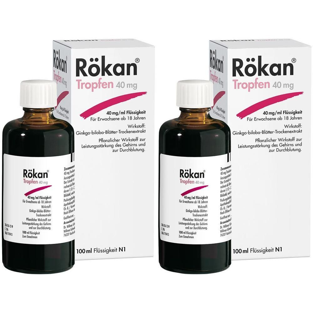 Zwei Packungen Rökan Tropfen 40 mg, 100 ml Flüssigkeit.
