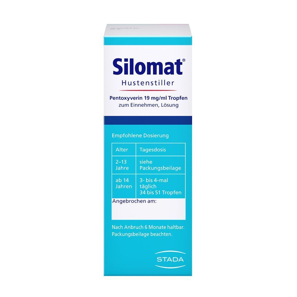 Rückseite einer Packung Silomat Hustenstiller Tropfen. Enthält Dosierungsinformationen für Kinder und Erwachsene.