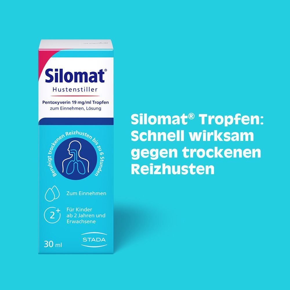 Packung Silomat Hustenstiller Tropfen 30ml. Wirkt schnell gegen trockenen Reizhusten.