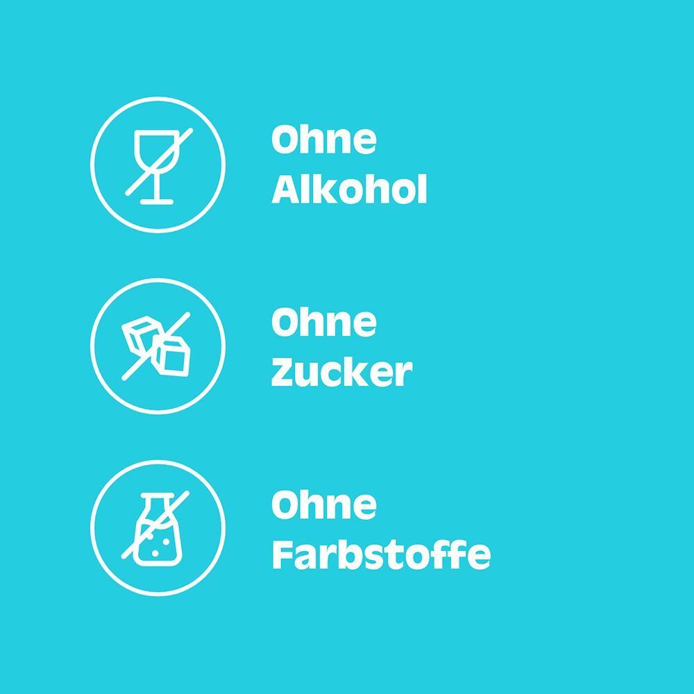 Symbole für 'Ohne Alkohol', 'Ohne Zucker', 'Ohne Farbstoffe'.