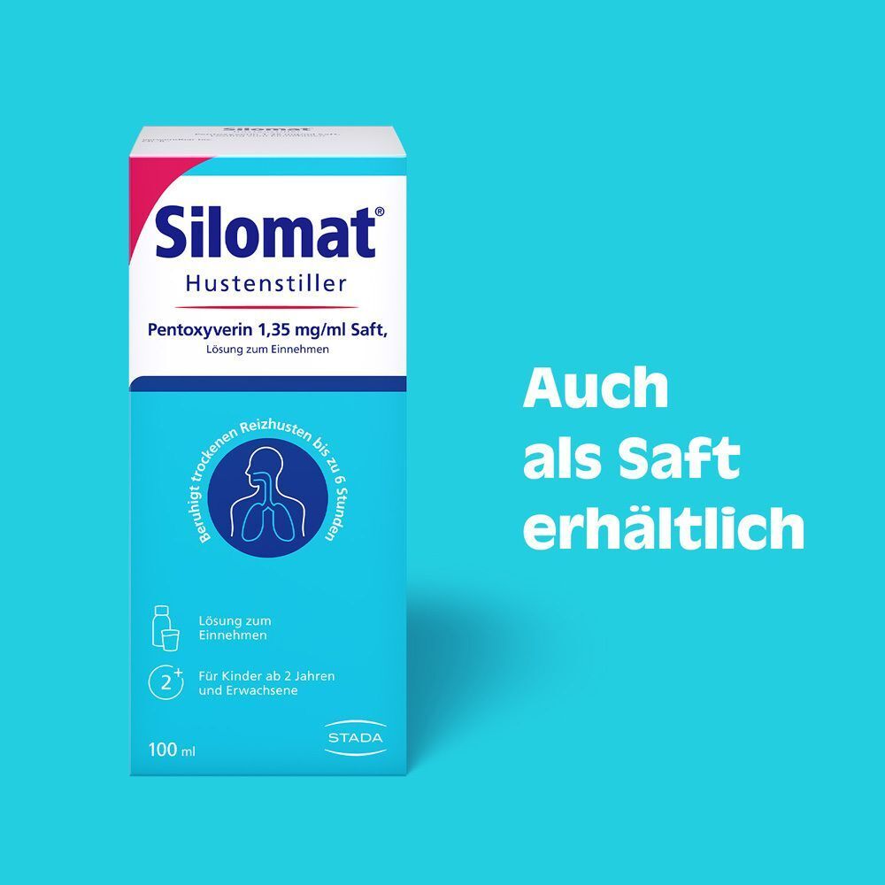 Packung Silomat Hustenstiller Saft 100ml. Auch als Saft erhältlich.