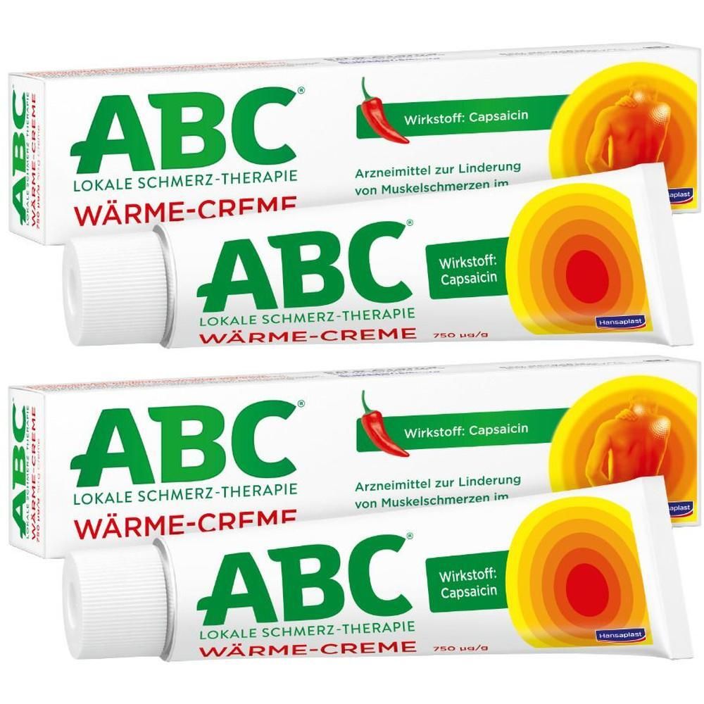 Zwei Tuben und Kartons von ABC Wärme-Creme mit Capsaicin zur Linderung von Muskelschmerzen.