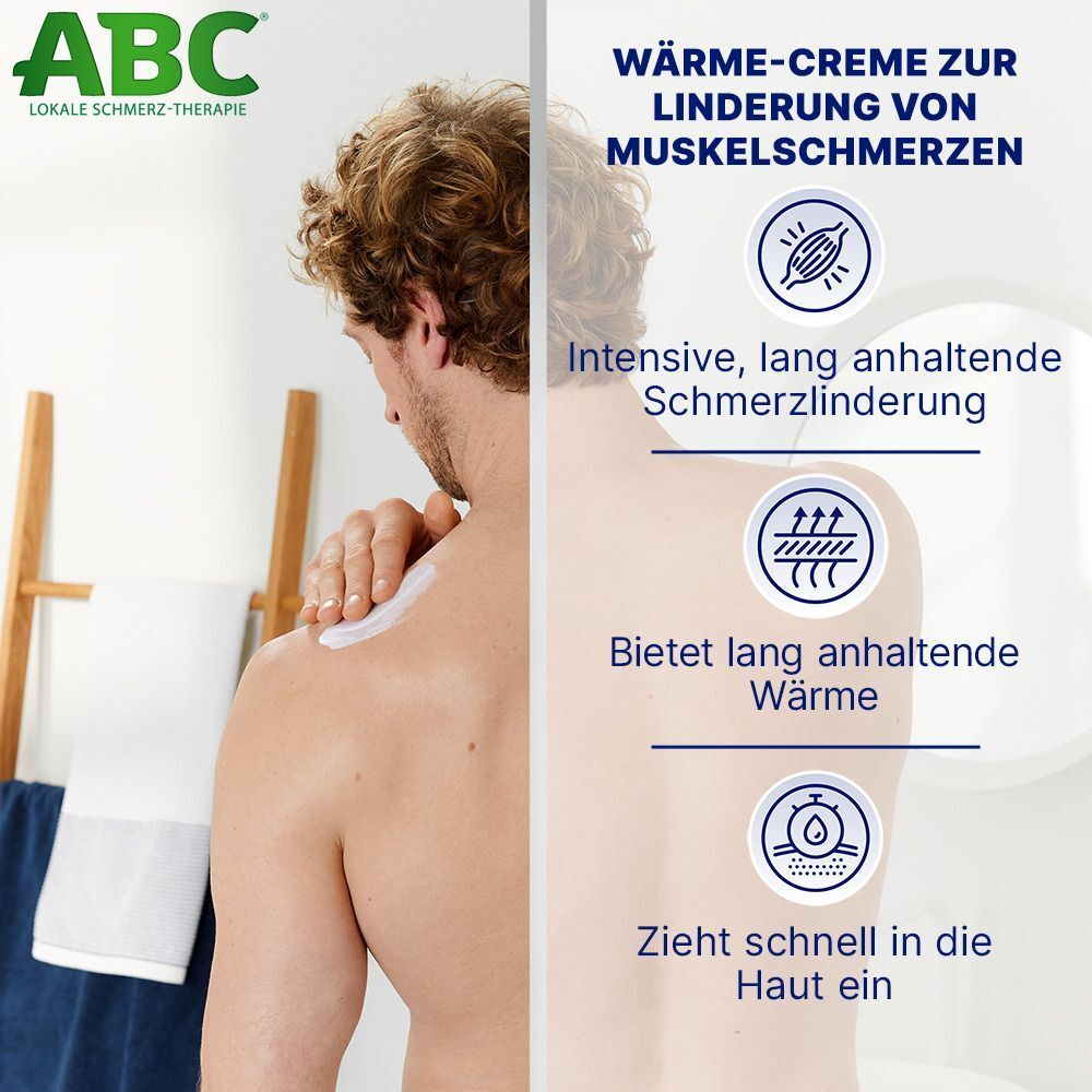 Mann reibt sich Wärme-Creme auf die Schulter. Text: Intensive, lang anhaltende Schmerzlinderung.