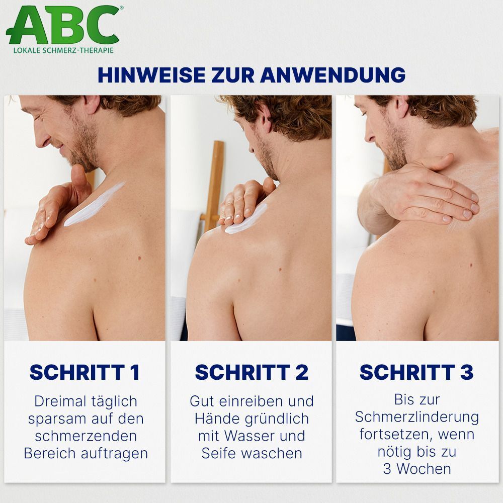 Drei Schritte zur Anwendung von ABC Wärme-Creme: Auftragen, Einreiben, Fortsetzen.