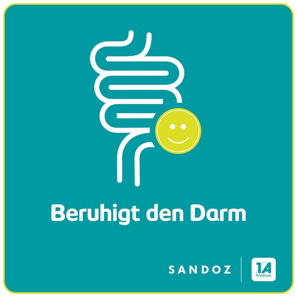 Grafik: Beruhigter Darm mit lächelndem Gesicht. Sandoz und 1 A Pharma Logo.